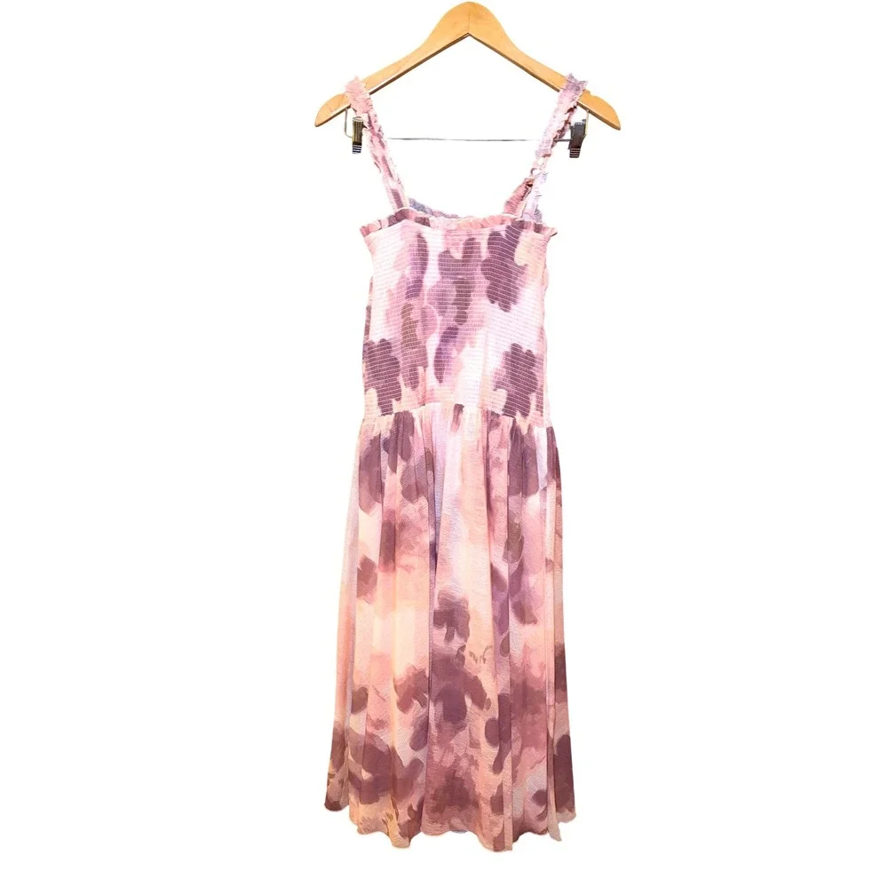 Free People Midi Dress Pink Floral Boho Smocked Mesh‎ Ruffle Sleeveless S